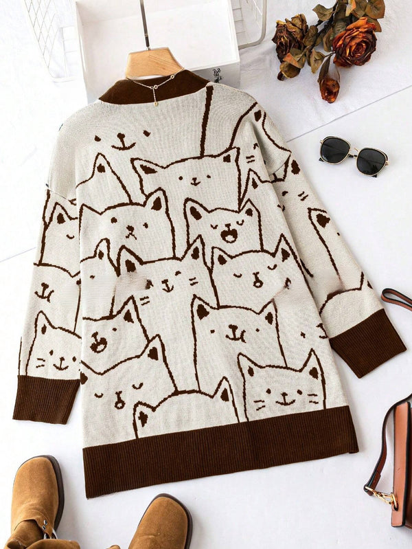 Essnce Plus Size Women Casual Oversized Cardigan With Cartoon Cat Print - SmartBuyApparel - Plus Size Cardigans