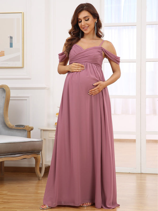 EVER - PRETTY Maternity Cold Shoulder Ruched Chiffon Dress - SmartBuyApparel - Maternity Gowns