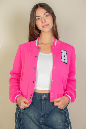 Ezwear Letter Patched Crop Varsity Jacket - Outerwear - SmartBuyApparel