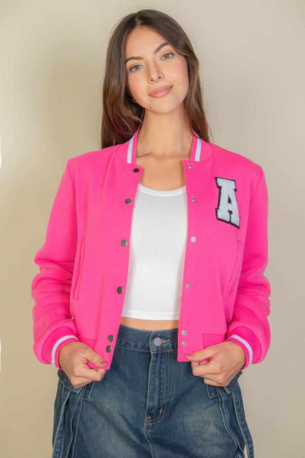 Ezwear Letter Patched Crop Varsity Jacket - Outerwear - SmartBuyApparel