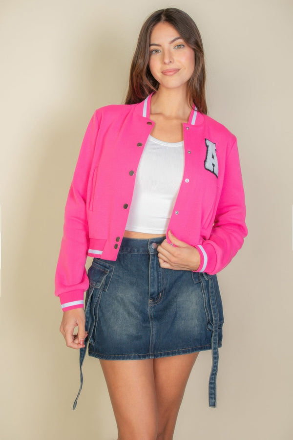 Ezwear Letter Patched Crop Varsity Jacket - Outerwear - SmartBuyApparel