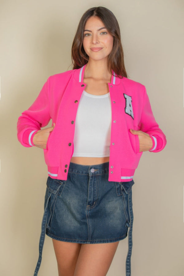 Ezwear Letter Patched Crop Varsity Jacket - Outerwear - SmartBuyApparel