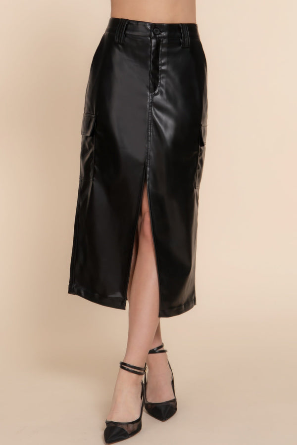 Faux Leather Midi Cargo Skirt - Skirt - SmartBuyApparel