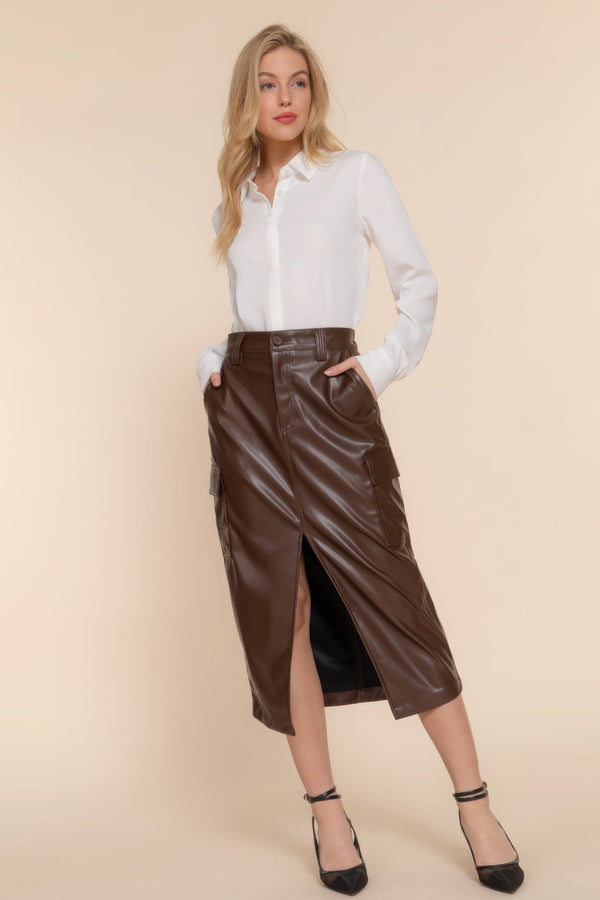 Faux Leather Midi Cargo Skirt - Skirt - SmartBuyApparel