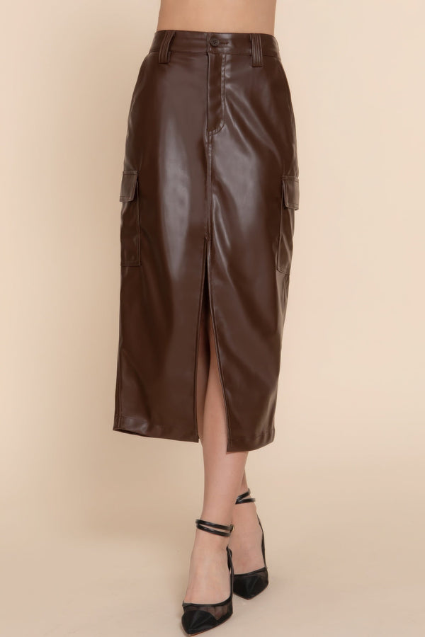 Faux Leather Midi Cargo Skirt - Skirt - SmartBuyApparel