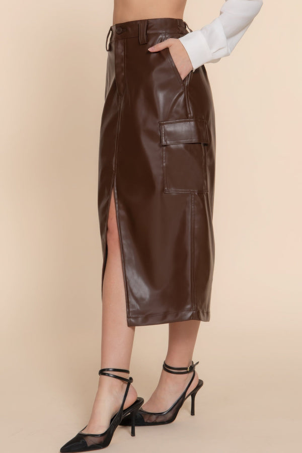 Faux Leather Midi Cargo Skirt - Skirt - SmartBuyApparel