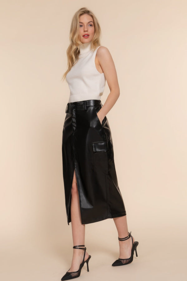 Faux Leather Midi Cargo Skirt - Skirt - SmartBuyApparel