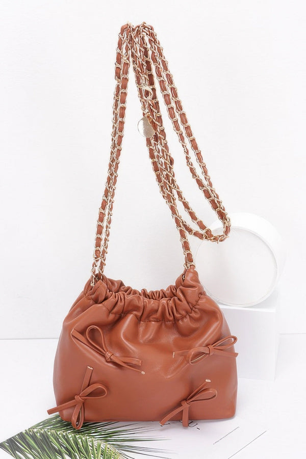 Faux Leather Multi Ribbon Bucket Chaincrossbodybag - | SmartBuyApparel