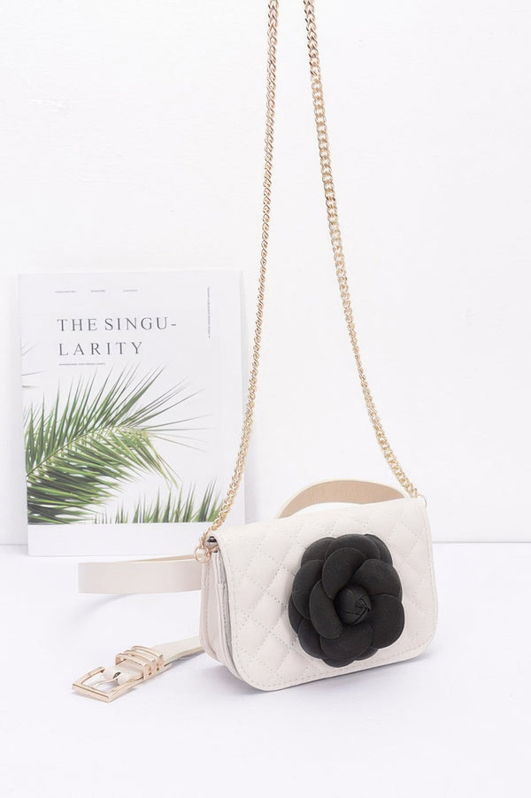Faux Leather Quilted Flower Beltbag Shoulder Chain - | SmartBuyApparel