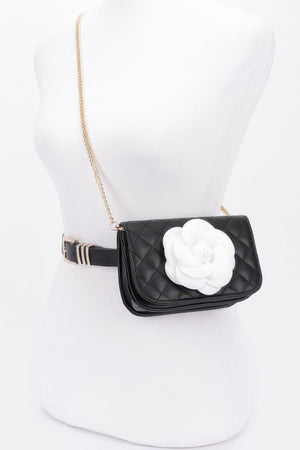 Faux Leather Quilted Flower Beltbag Shoulder Chain - | SmartBuyApparel
