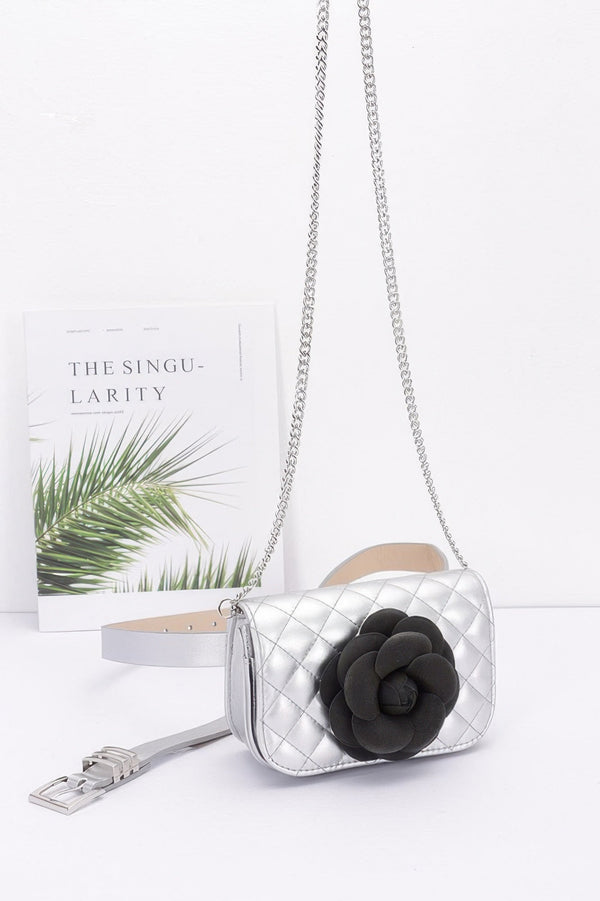 Faux Leather Quilted Flower Beltbag Shoulder Chain - | SmartBuyApparel