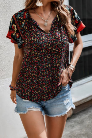 Floral Boho Ruffle V Neck Short Sleeve Loose Shirt - | SmartBuyApparel