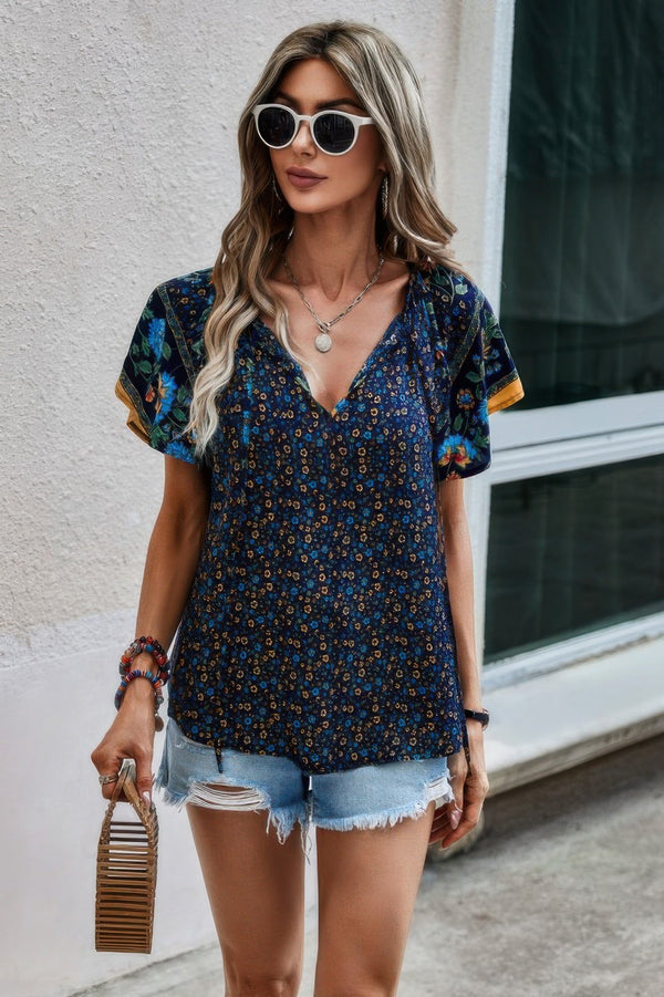 Floral Boho Ruffle V Neck Short Sleeve Loose Shirt - | SmartBuyApparel