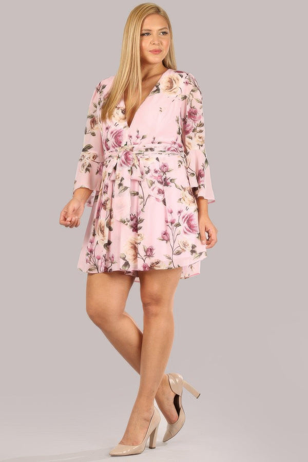 Floral Chiffon 3/4 Sleeve Tie Waist Romper - Romper - SmartBuyApparel