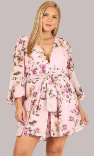 Floral Chiffon 3/4 Sleeve Tie Waist Romper - Romper - SmartBuyApparel
