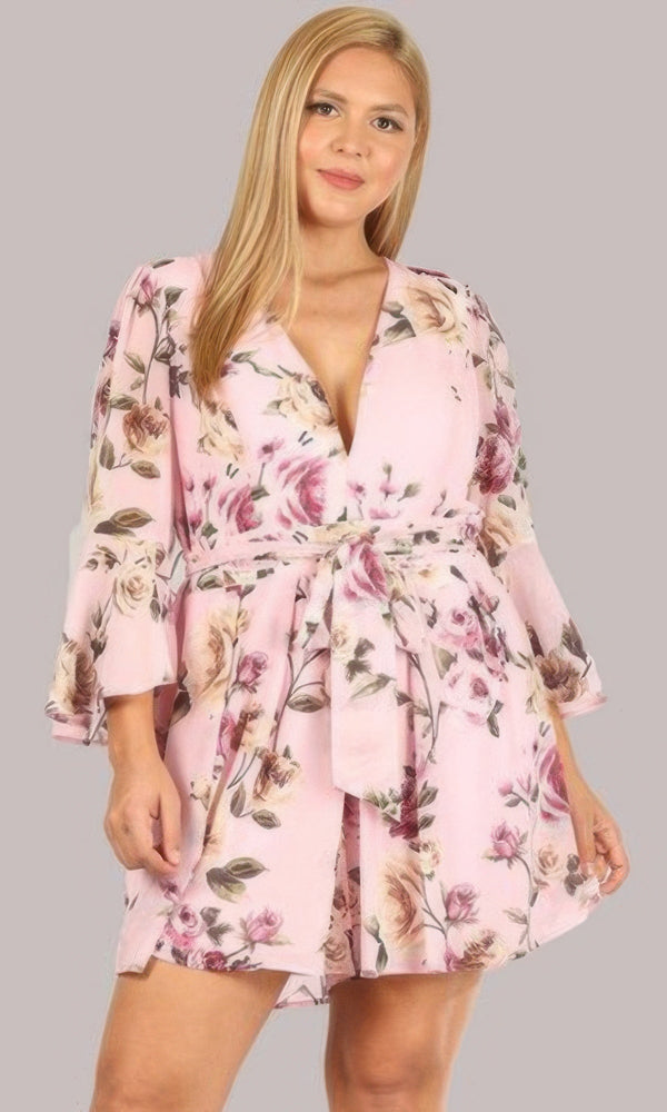Floral Chiffon 3/4 Sleeve Tie Waist Romper - Romper - SmartBuyApparel