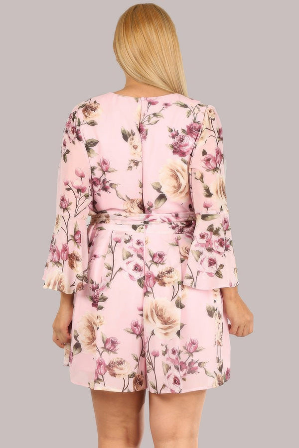 Floral Chiffon 3/4 Sleeve Tie Waist Romper - Romper - SmartBuyApparel