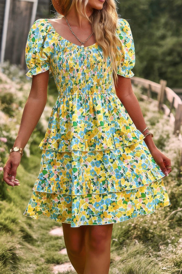 Floral Print Fit Short Sleeve A Line Dress - | SmartBuyApparel