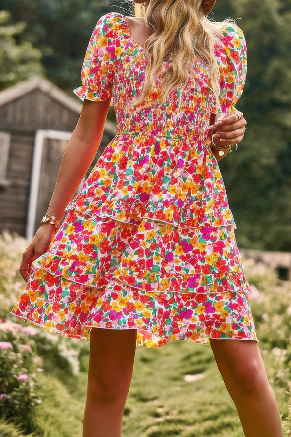 Floral Print Fit Short Sleeve A Line Dress - | SmartBuyApparel