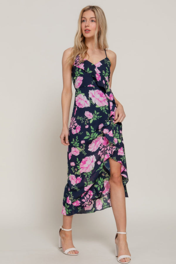 Floral Print Ruffle Slip Midi Dress - Dress - SmartBuyApparel