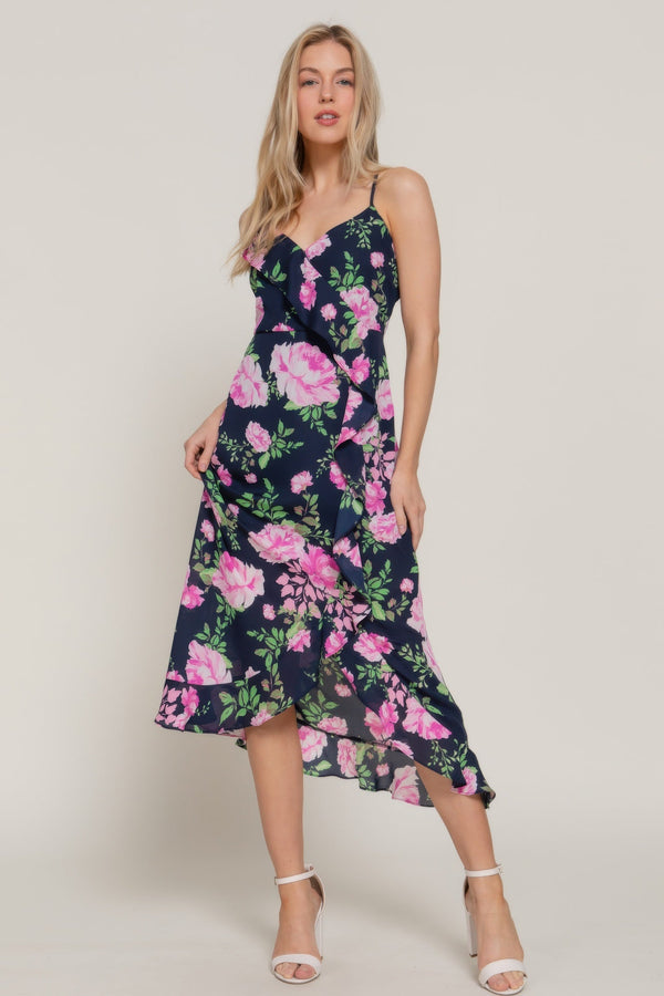 Floral Print Ruffle Slip Midi Dress - Dress - SmartBuyApparel