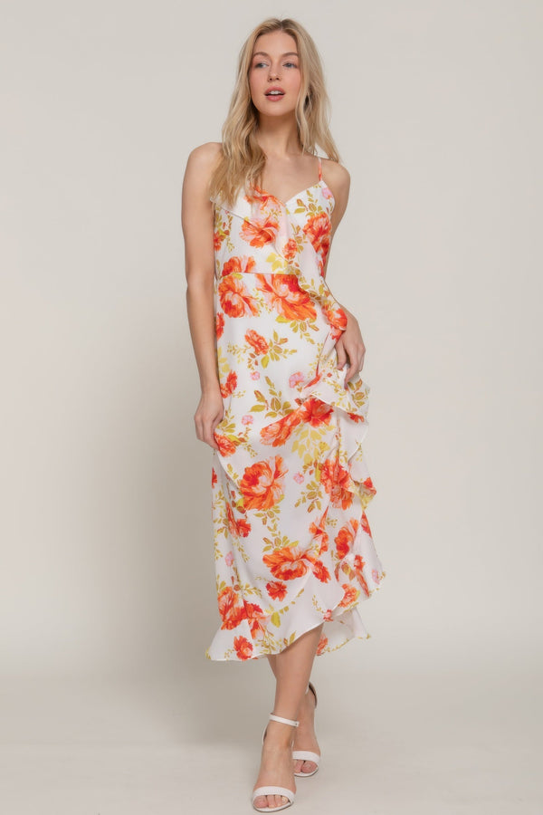 Floral Print Ruffle Slip Midi Dress - Dress - SmartBuyApparel