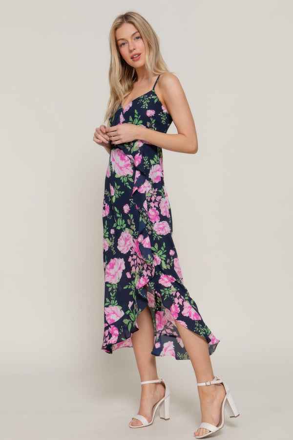 Floral Print Ruffle Slip Midi Dress - Dress - SmartBuyApparel