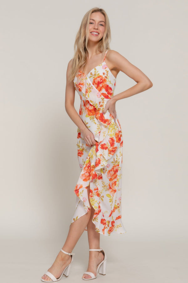 Floral Print Ruffle Slip Midi Dress - Dress - SmartBuyApparel