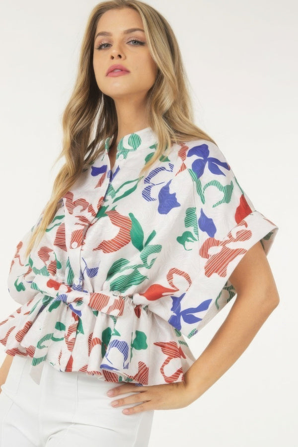 Floral Print Short Sleeve Top With Waist Tie - Top - SmartBuyApparel