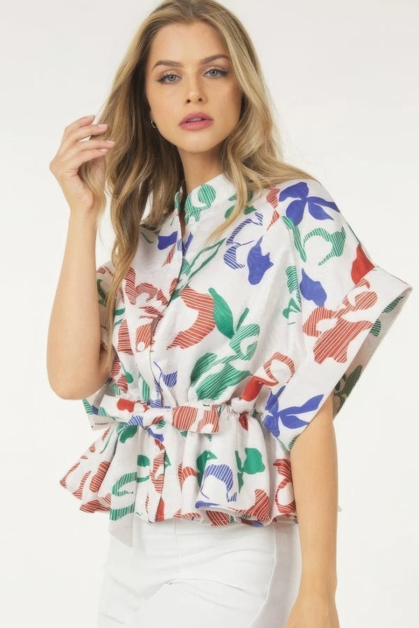 Floral Print Short Sleeve Top With Waist Tie - Top - SmartBuyApparel