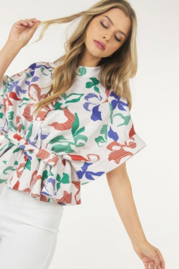 Floral Print Short Sleeve Top With Waist Tie - Top - SmartBuyApparel