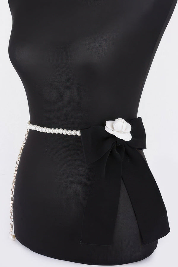 Flower Ribbon Faux Pearl Belt - | SmartBuyApparel