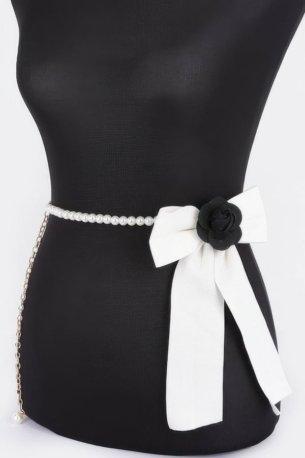 Flower Ribbon Faux Pearl Belt - | SmartBuyApparel