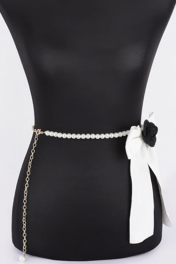 Flower Ribbon Faux Pearl Belt - | SmartBuyApparel