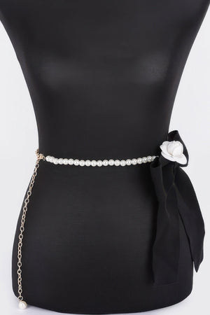 Flower Ribbon Faux Pearl Belt - | SmartBuyApparel