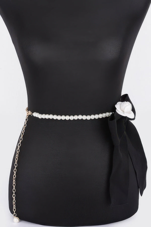 Flower Ribbon Faux Pearl Belt - | SmartBuyApparel
