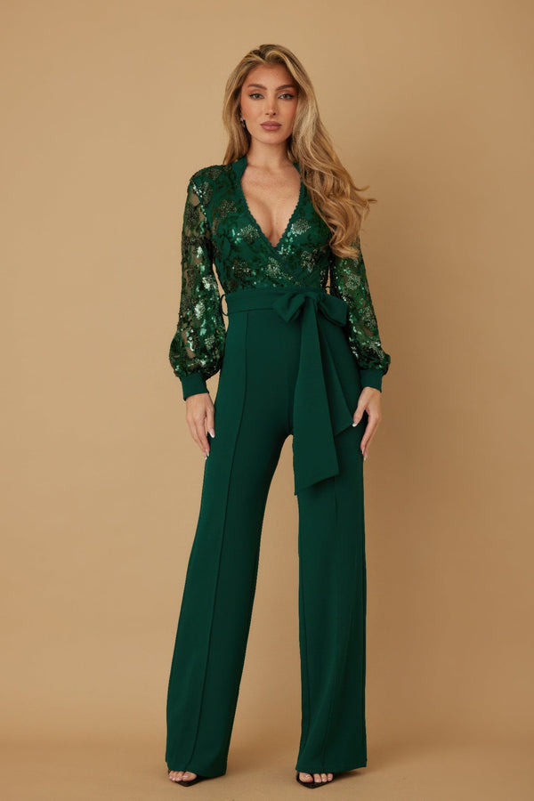 Flower Vein Sequin Print Jumpsuit - Jumpsuit - SmartBuyApparel
