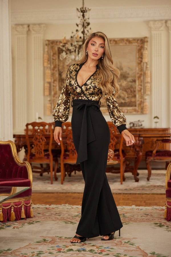 Flower Vein Sequin Print Jumpsuit - Jumpsuit - SmartBuyApparel