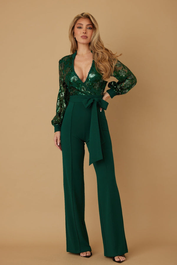 Flower Vein Sequin Print Jumpsuit - Jumpsuit - SmartBuyApparel