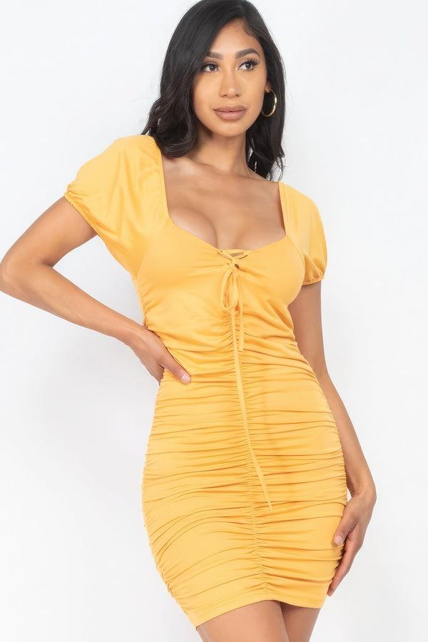 Front Lace Up Ruched Mini Dress - Dress - SmartBuyApparel