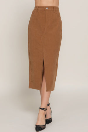 Front Open Slit Corduroy Midi Skirt - Skirt - SmartBuyApparel