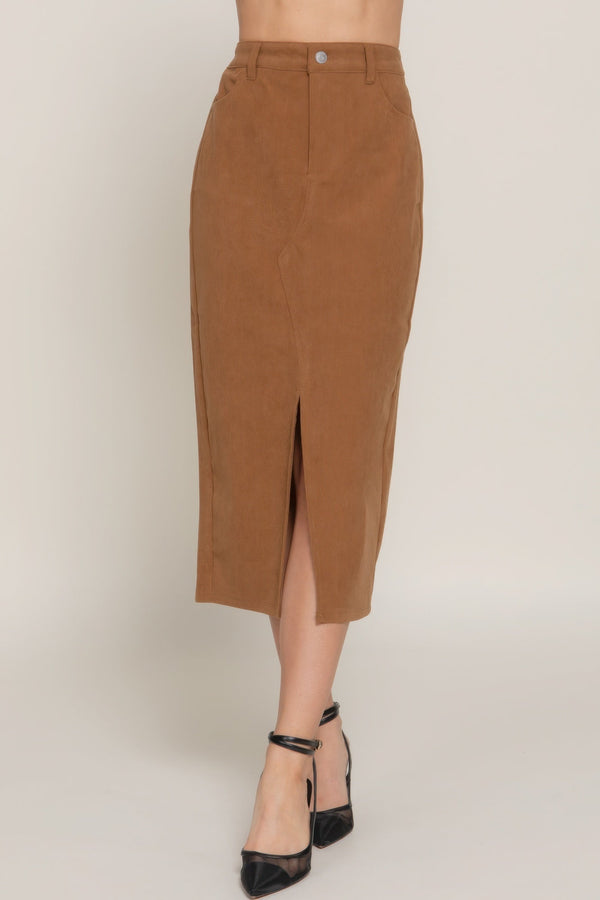 Front Open Slit Corduroy Midi Skirt - Skirt - SmartBuyApparel
