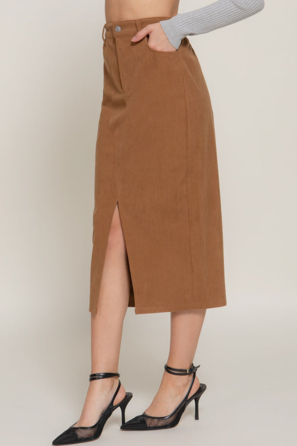 Front Open Slit Corduroy Midi Skirt - Skirt - SmartBuyApparel