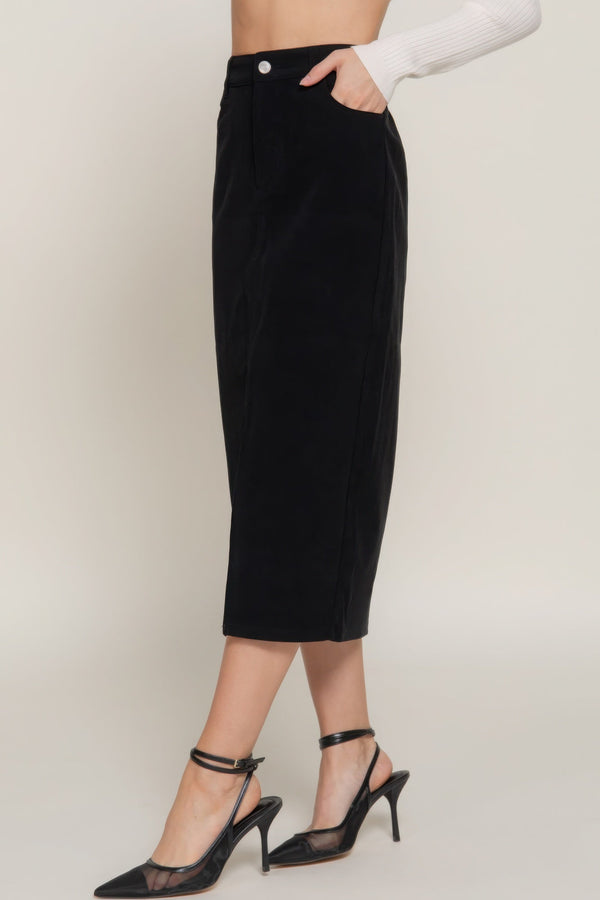 Front Open Slit Corduroy Midi Skirt - Skirt - SmartBuyApparel