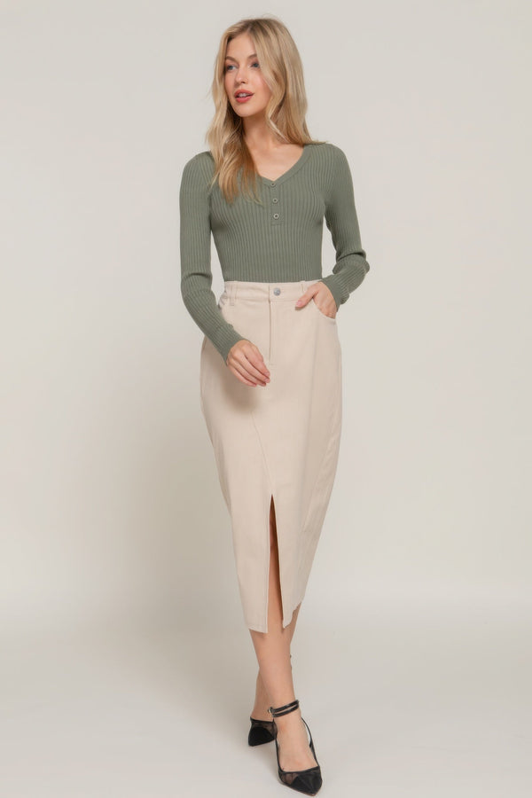 Front Open Slit Corduroy Midi Skirt - Skirt - SmartBuyApparel