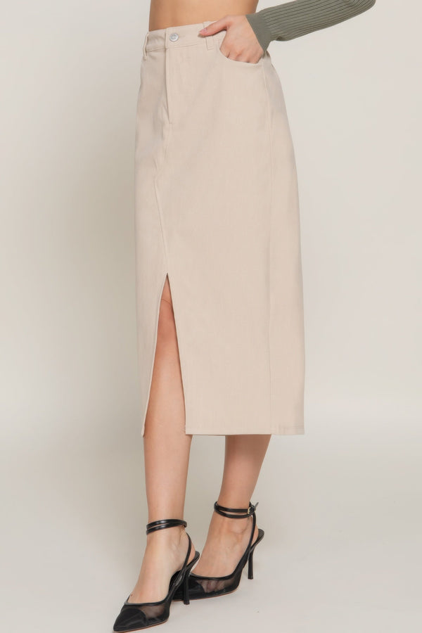 Front Open Slit Corduroy Midi Skirt - Skirt - SmartBuyApparel