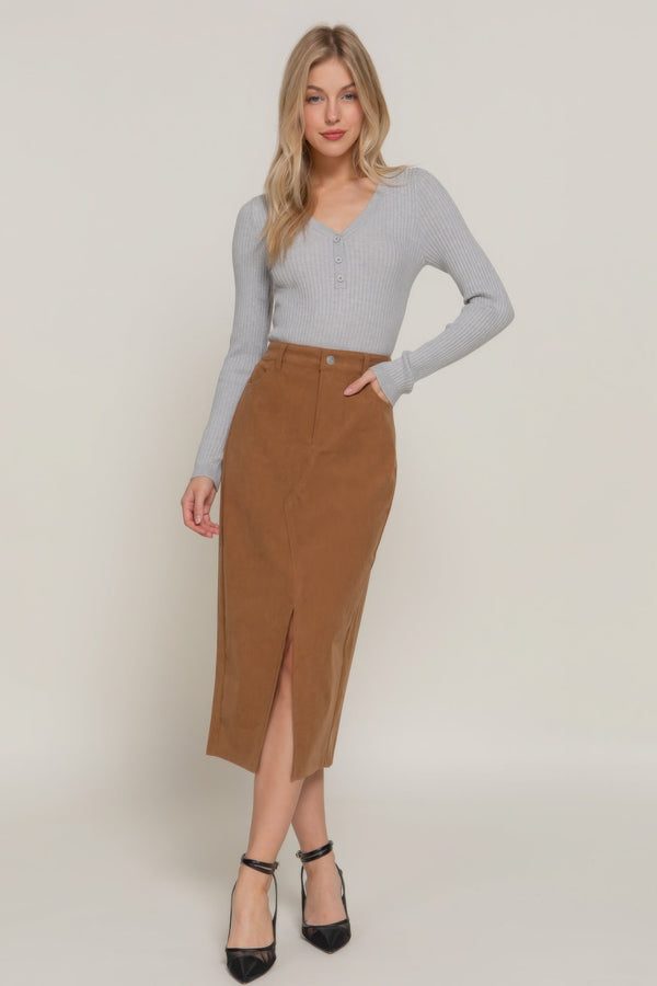 Front Open Slit Corduroy Midi Skirt - Skirt - SmartBuyApparel