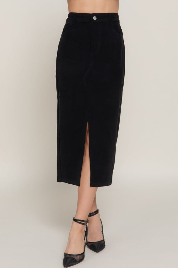 Front Open Slit Corduroy Midi Skirt - Skirt - SmartBuyApparel