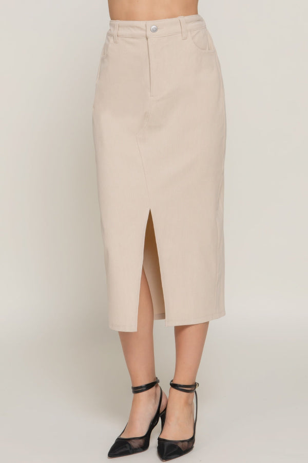 Front Open Slit Corduroy Midi Skirt - Skirt - SmartBuyApparel
