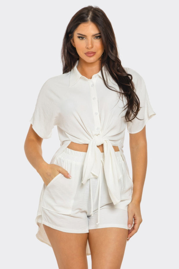 Front Tie Back Oversized Slit Top And Shorts Set - Women's set - SmartBuyApparel